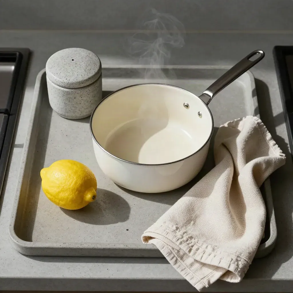 Overhead still life of a saucepan, lemon, salt cellar and tea towel on concrete.