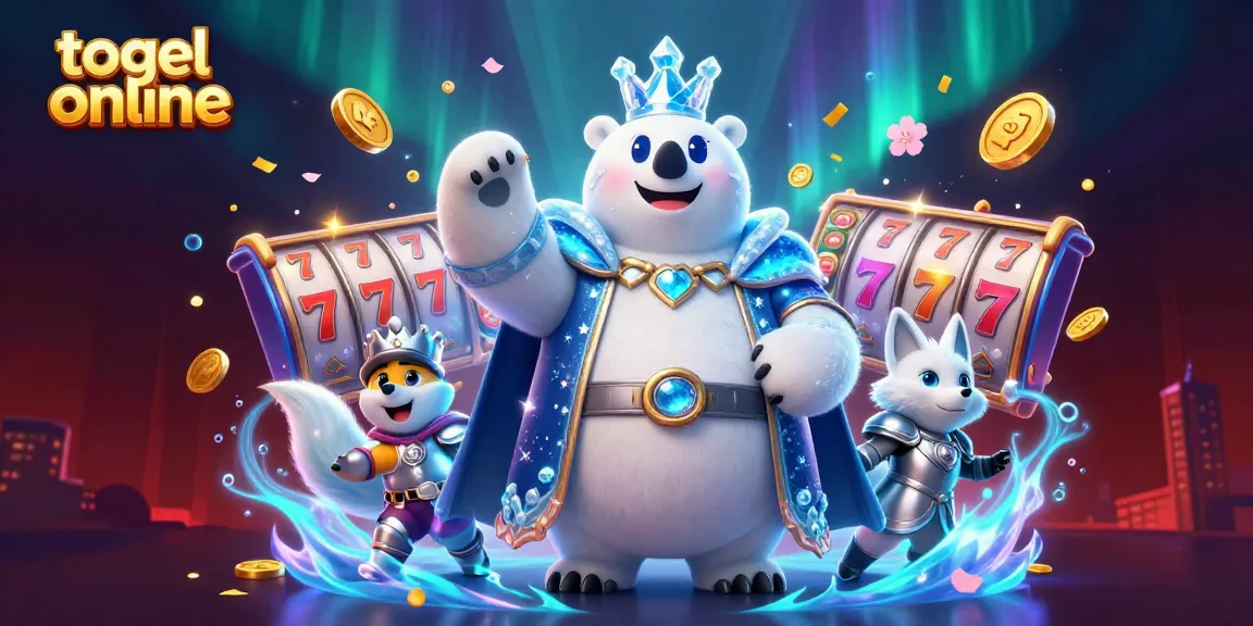 Engage in togel online with spinning slots and festive elements surrounding a regal ice king.