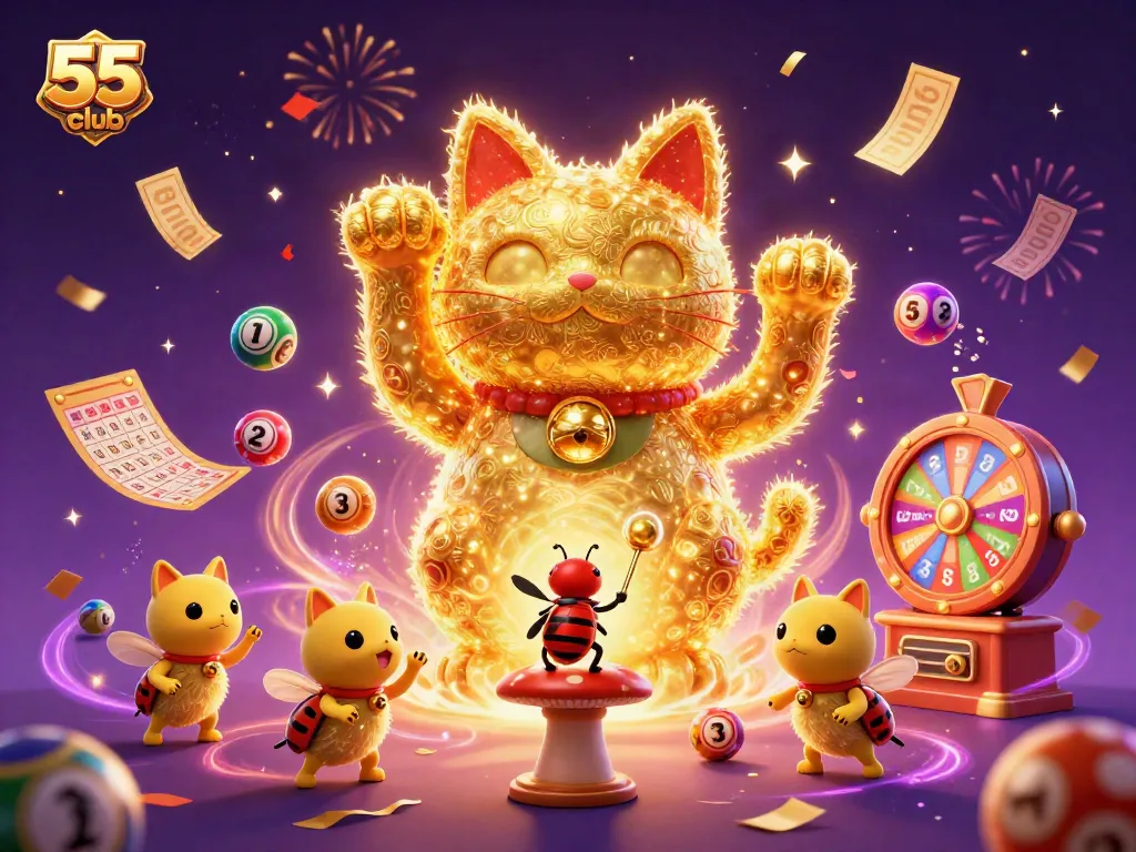 Engage with 55 club's vibrant lottery games featuring a lucky cat and dynamic casino symbols.