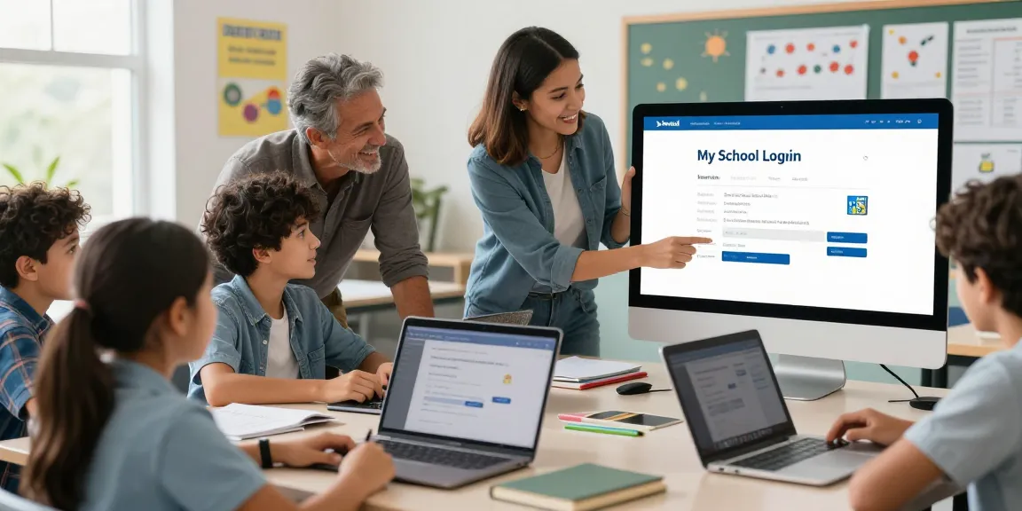 Parents and students using my school login in a bright classroom setting, showcasing educational technology and collaboration.