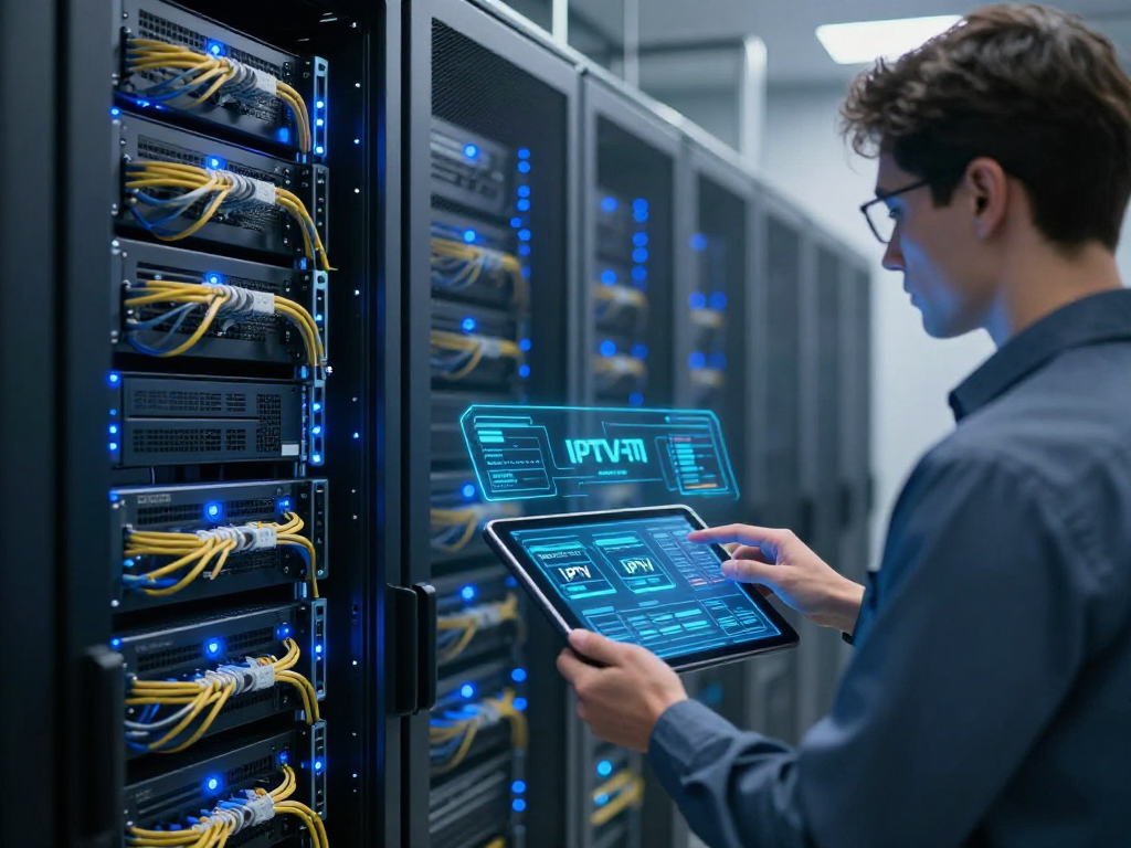 IPTV panel in a modern data centre with advanced server technology and cloud computing capabilities.
