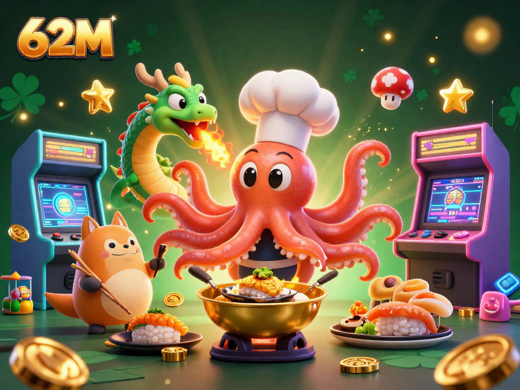 Aproveite a experiência vibrante do cassino 62M com um chefe de sushi, dragão e cliente em ação
