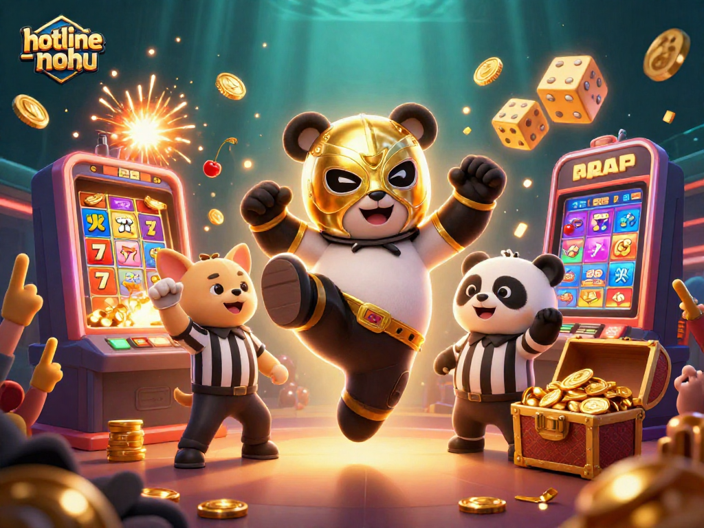 Engage in thrilling jackpot gameplay at hotline-nohu with a dynamic panda wrestler and chihuahua referee.