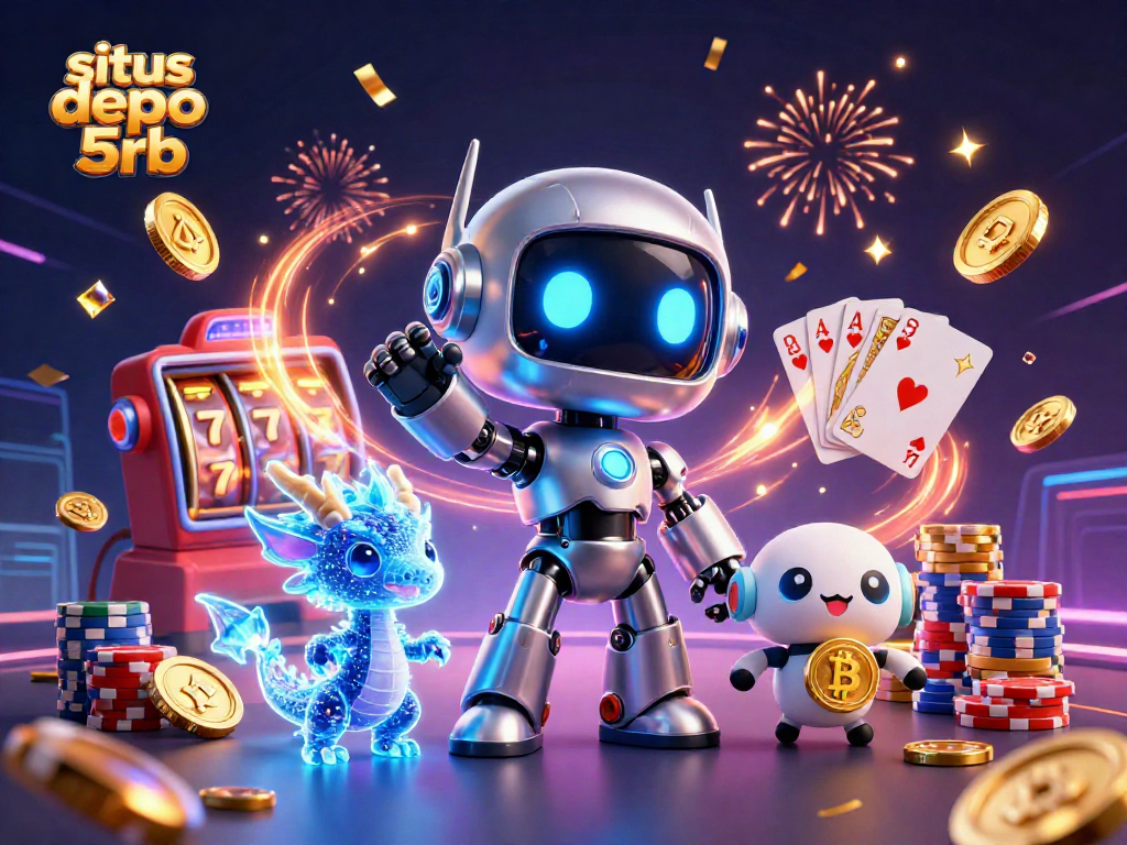 Win big at situs depo 5rb with electrifying 3D illustrations of slot machines, golden coins, and colorful gaming elements.