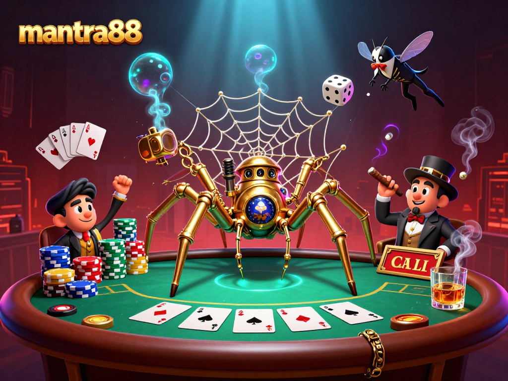 Trapping dice in a web, the mantra88 spider and Victorian gentleman create a casino atmosphere.