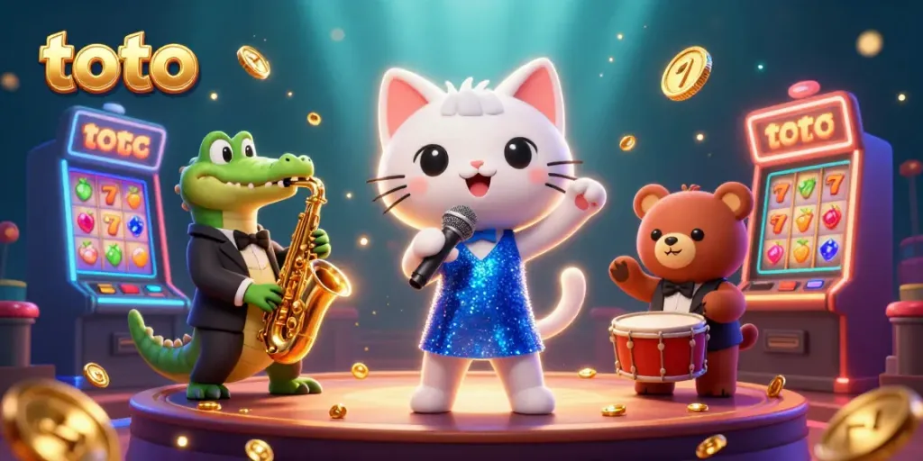 Engage with thrilling toto slot games accompanied by lively cartoon characters in a dazzling casino setting.