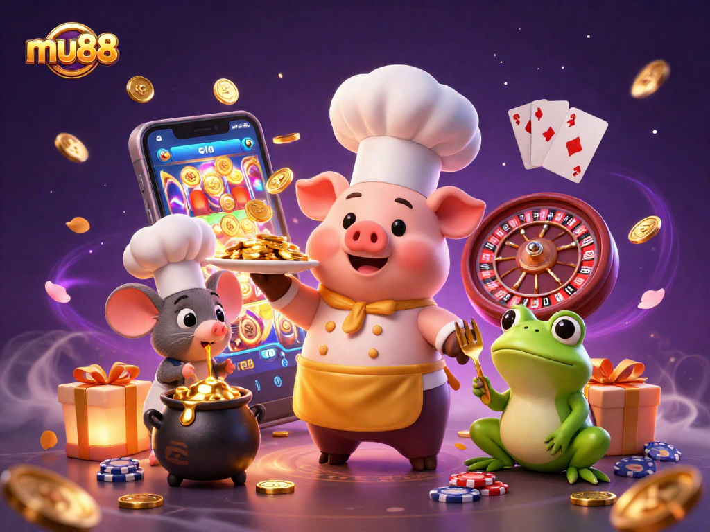 mu88 features a whimsical casino scene with a chef pig and a frog critic, representing vibrant casino gaming.
