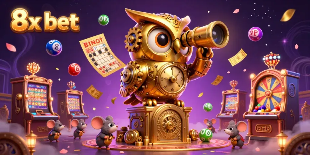 Experience the thrill of 8x bet with a vibrant casino scene featuring a magical owl and charming mice.