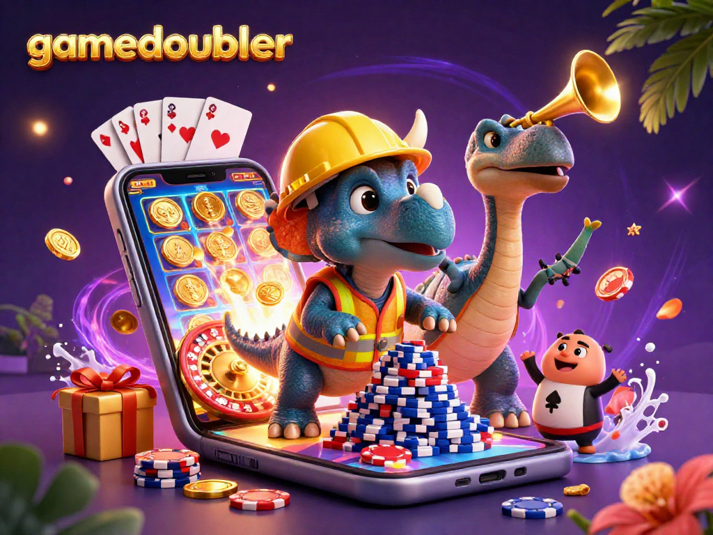 gamedoubler excitement with a triceratops stacking poker chips amidst a colorful casino scene