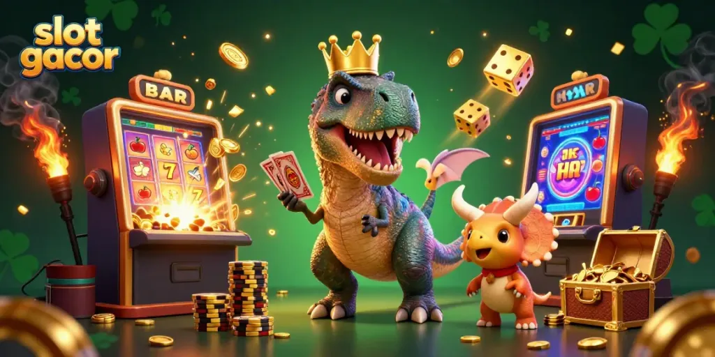 Experience thrilling slot gacor action with a T-Rex shuffling cards amidst golden casino elements in vibrant 3D