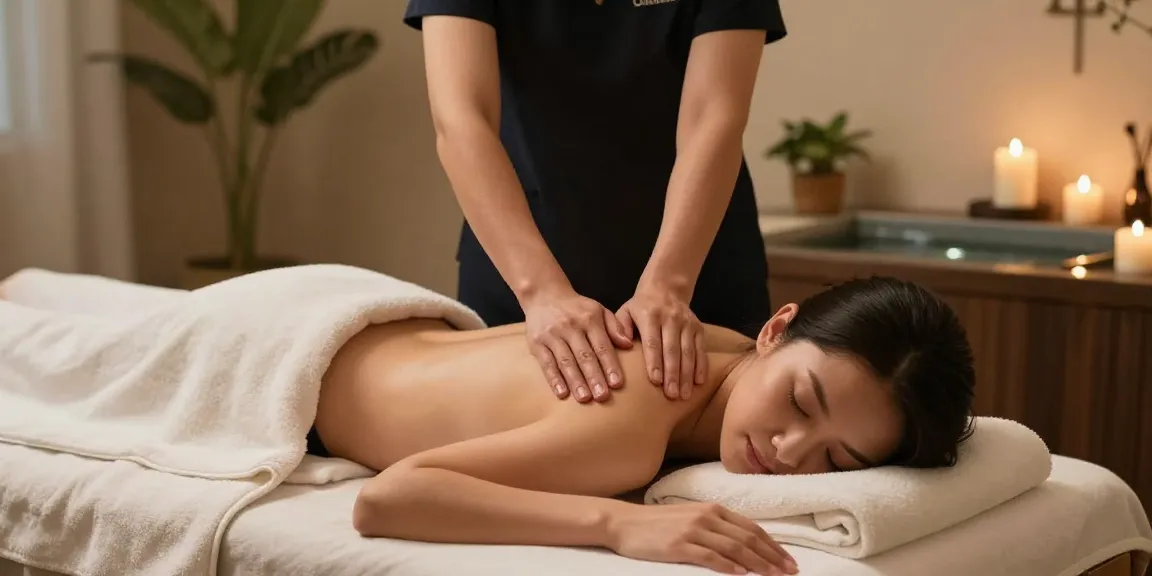 마사지 테라피 중인 전문가가 고객에게 스웨디시 마사지를 제공하는 편안한 스파 환경.