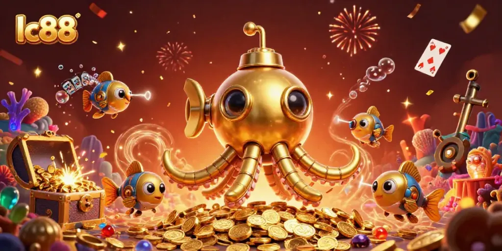 Experience thrilling gameplay with lc88 as a golden kraken submarine navigates a sea of coins.