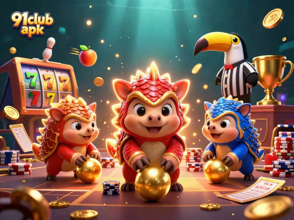 Engage with 91club apk gaming experience, watching pangolins roll casino chips and fruit symbols.