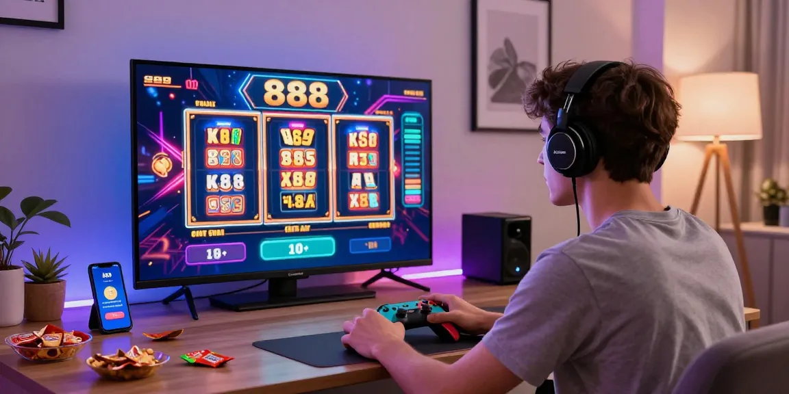 Youthful player engaged with apk slot games in modern living room.