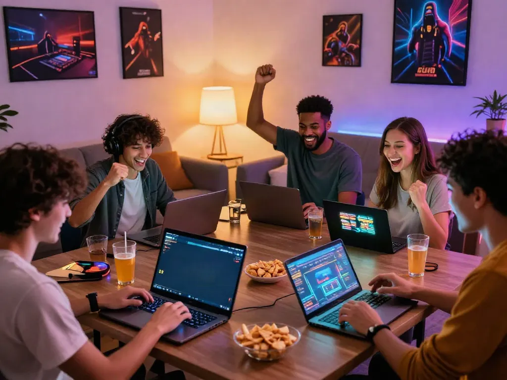 Friends enjoying online gambling at LU88 with laptops and snacks in a cozy setting.