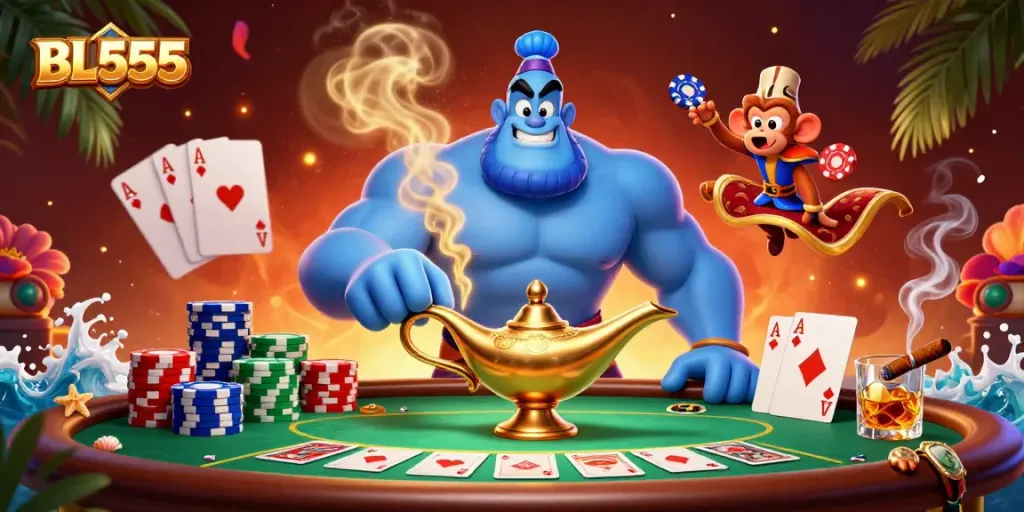 Engage in thrilling games at BL555 with vibrant 3D casino imagery showcasing poker elements.