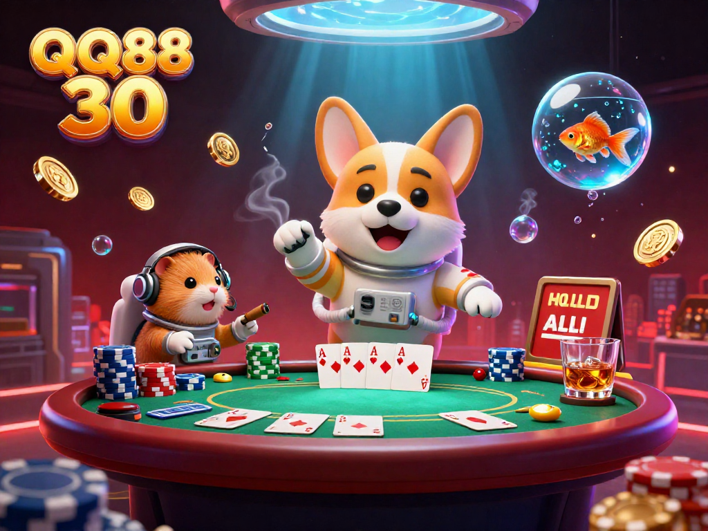 Engage in thrilling games at QQ88 30 with a packed cosmic casino scene featuring poker elements.