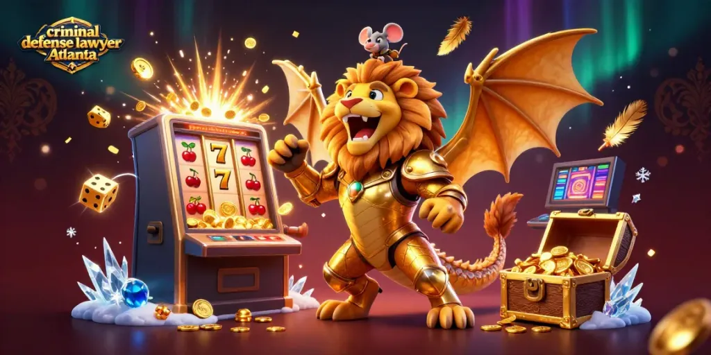 Engaging scene of a victorious criminal defense lawyer Atlanta under golden armor, surrounded by casino excitement.