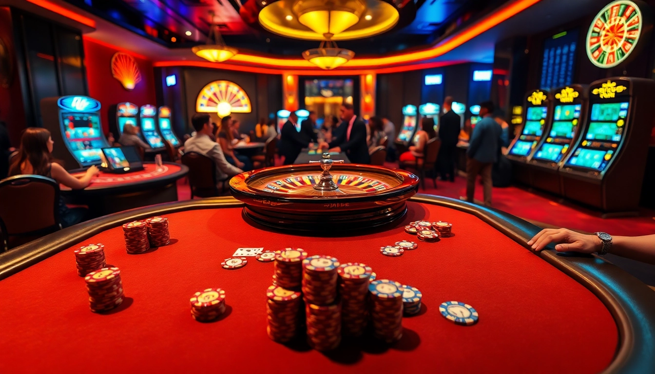 Experience the excitement of 88aa with players enjoying poker, roulette, and slot machines in a luxurious casino setting.