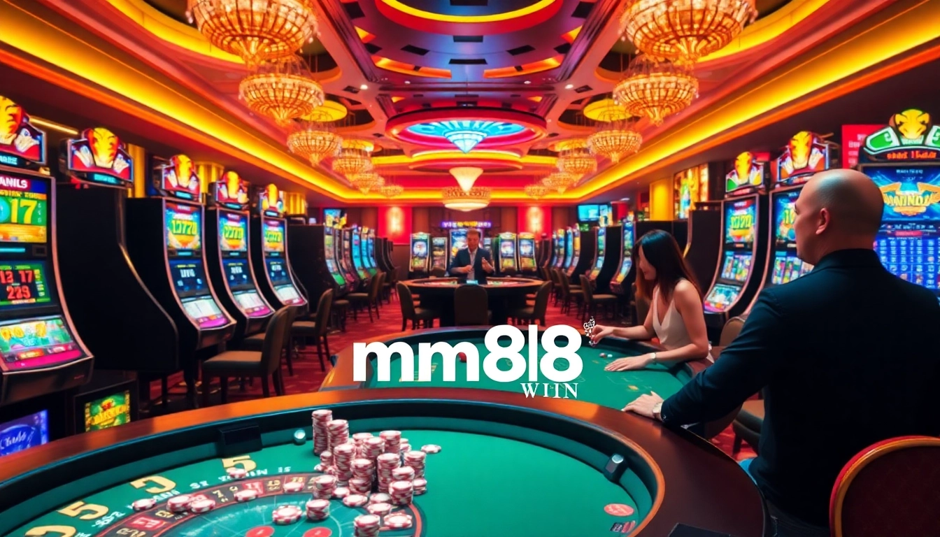 Gamblers enjoying a lively casino atmosphere featuring mm88 vin, with vibrant slot machines and poker games.