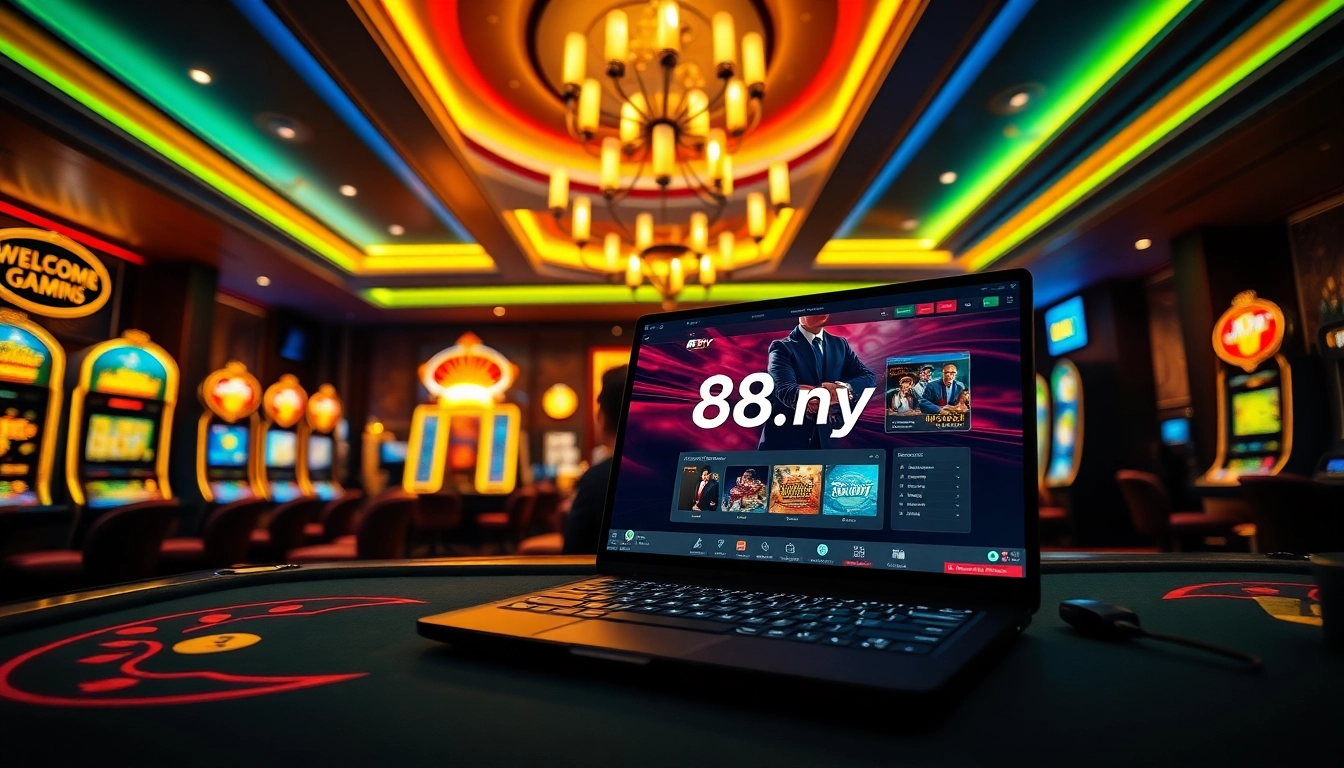 Experience the excitement of W88.nyc's online casino with a luxurious gaming atmosphere featuring poker tables and slot machines.