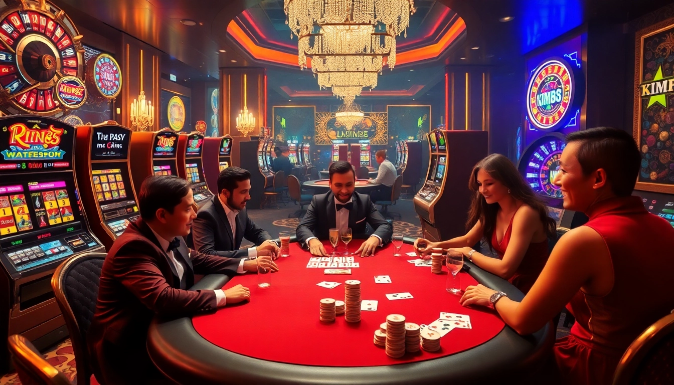 Exciting casino atmosphere with KIM88 branding, showcasing players winning at poker and vibrant slot machines.