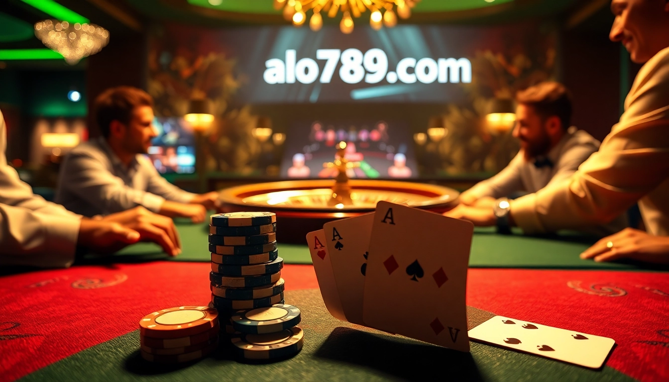 A thrilling poker game scene at alo789.com showing players with vibrant poker chips and cards.