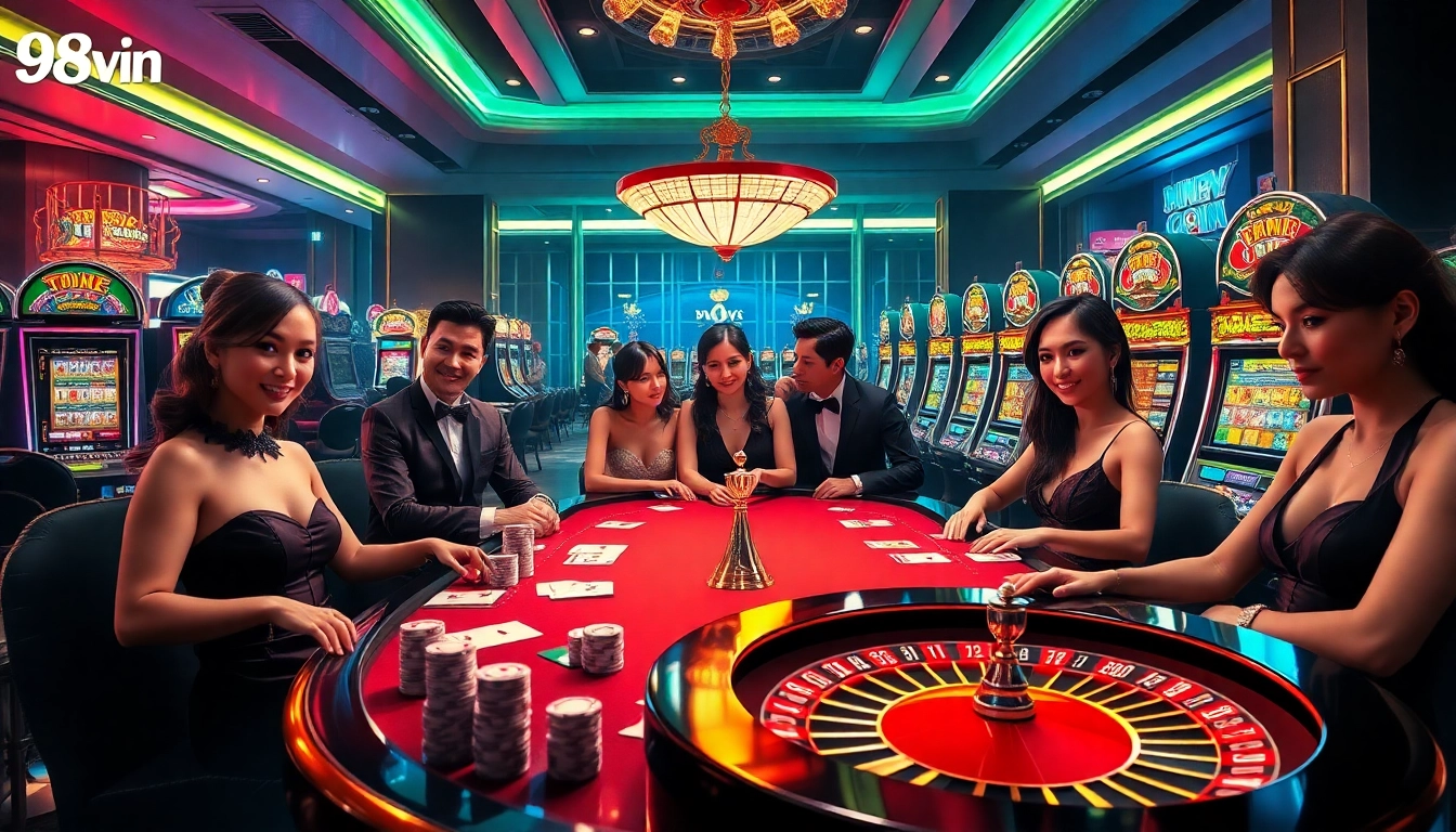 Engage in thrilling casino action at 98win with players at the poker table and vibrant slot machines.