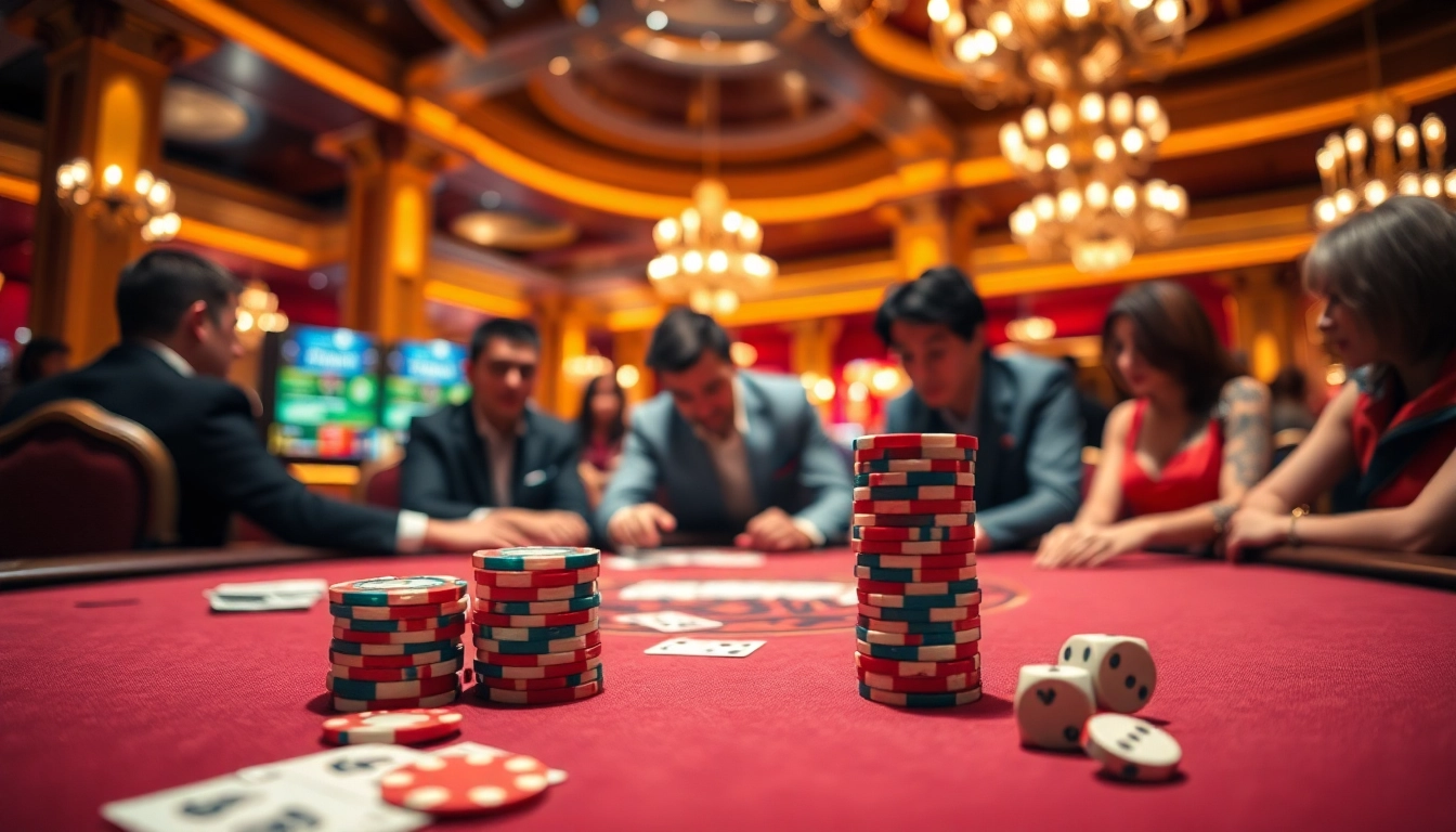 Experience the thrill of TR88 with vibrant poker action and colorful chips in a luxurious casino setting.