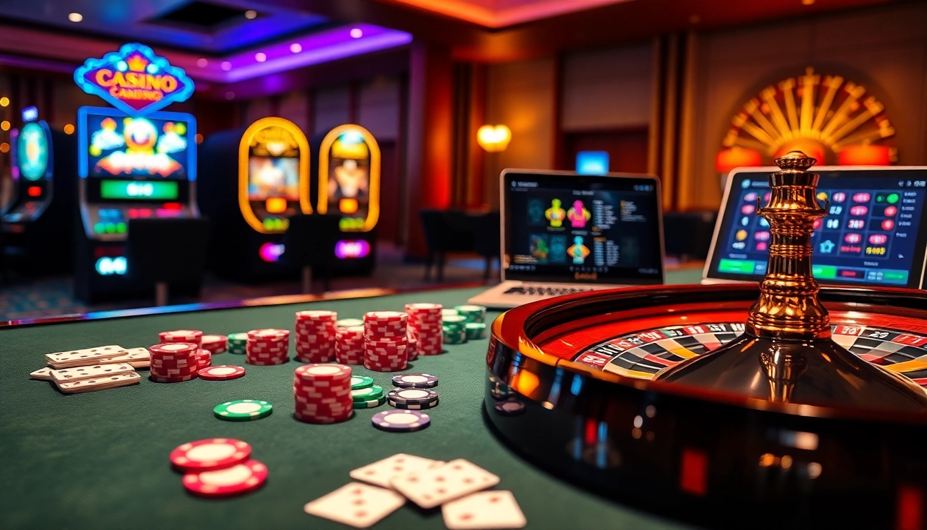 Engaging gaming experience at Nhà Cái QQ88 with vibrant casino table and roulette wheel.