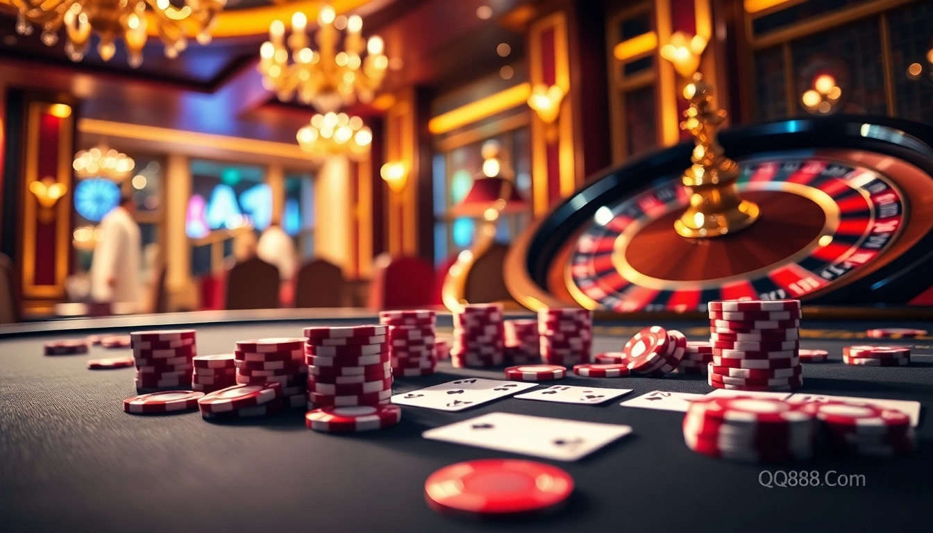 Experience thrilling gameplay at QQ88 COM with vibrant casino elements like chips, cards, and a roulette wheel.