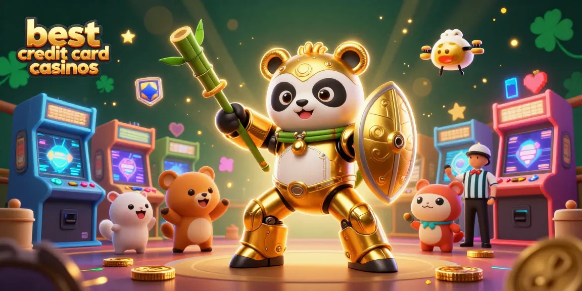 Engage with the best credit card casinos featuring a golden panda mech in a vibrant gaming arena.