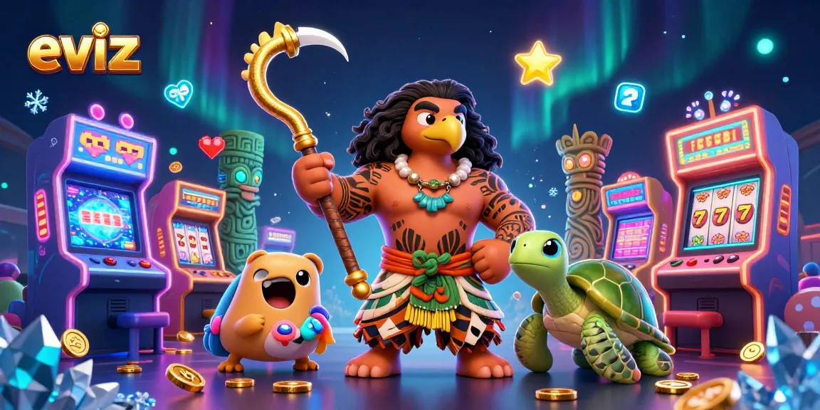 eviz showcases a vibrant casino scene with colorful slot reels and animated characters, inviting players.