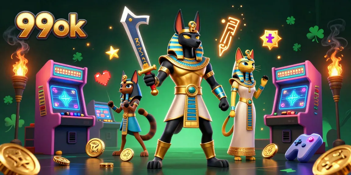 Win big at 99ok with Anubis and Bastet in this vibrant casino adventure illustration.