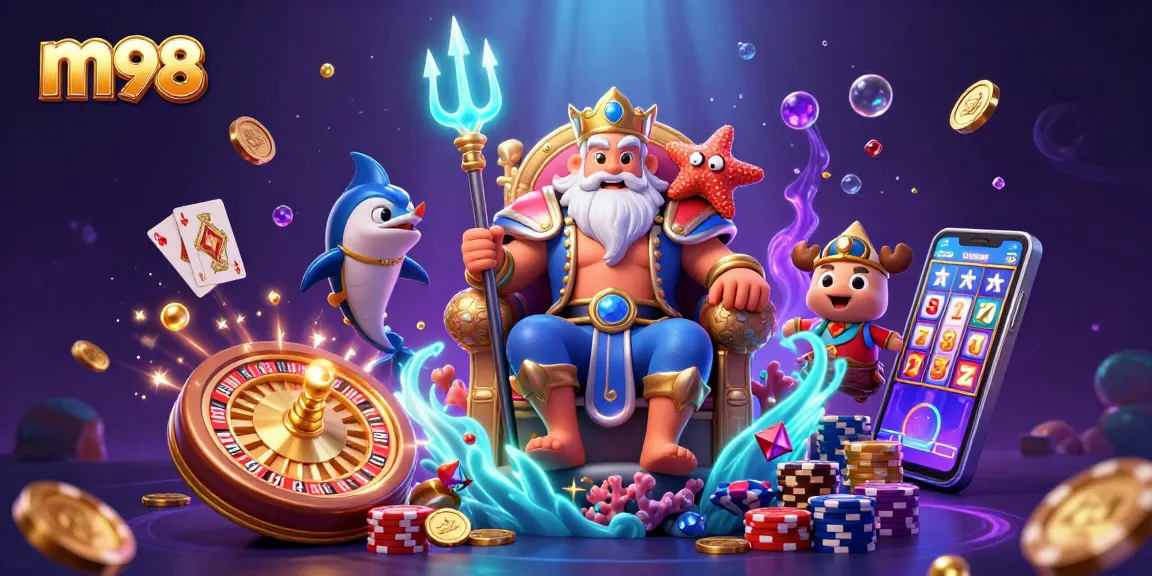 Experience the thrill of m98 with Neptune and his samurai, surrounded by vibrant casino elements.