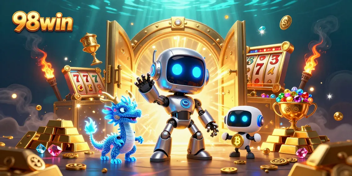 Experience the excitement at 98win with a dynamic cyberpunk casino scene showcasing a jackpot celebration.
