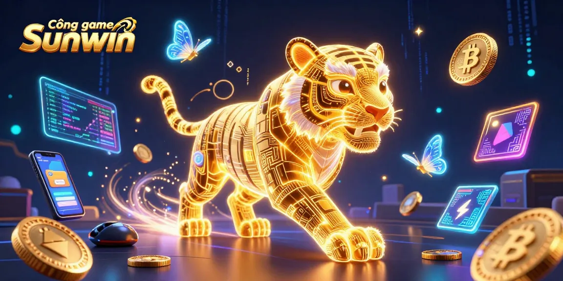 Attract players to Cổng game Sunwin featuring neon tiger amidst a vibrant digital casino landscape.