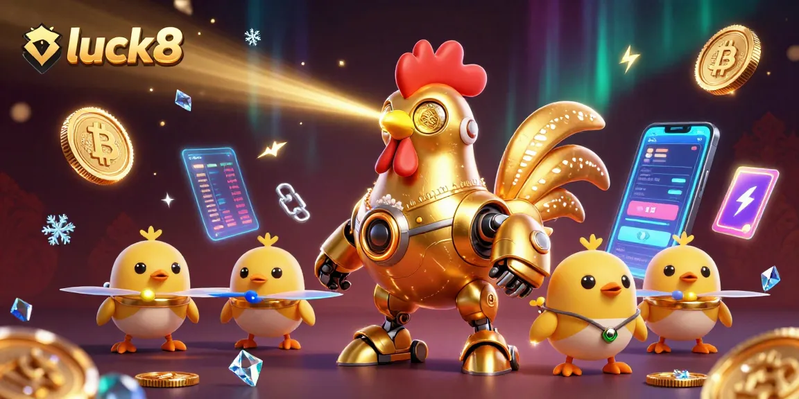 Experience the luck8 gaming universe with a futuristic golden rooster robot and baby chick drones amidst wild crypto elements.