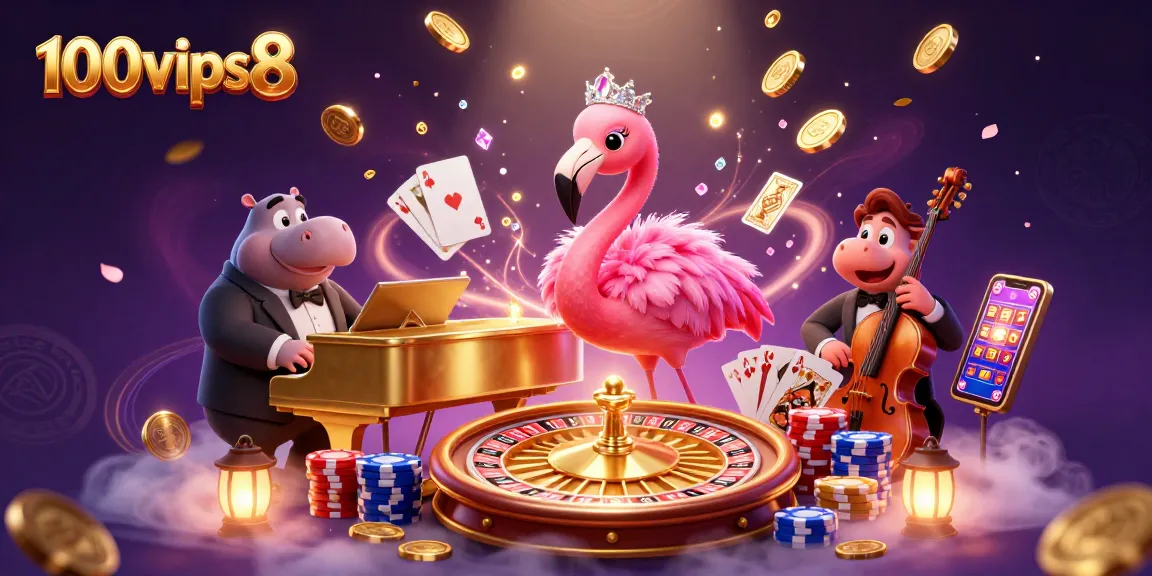 Play with 100vips8 in a vibrant 3D casino scene featuring fun characters and game elements.