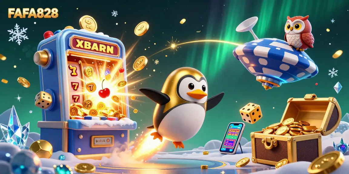 Spin the reels with FAFA828 in this vibrant 3D casino illustration of a golden penguin and jackpot.