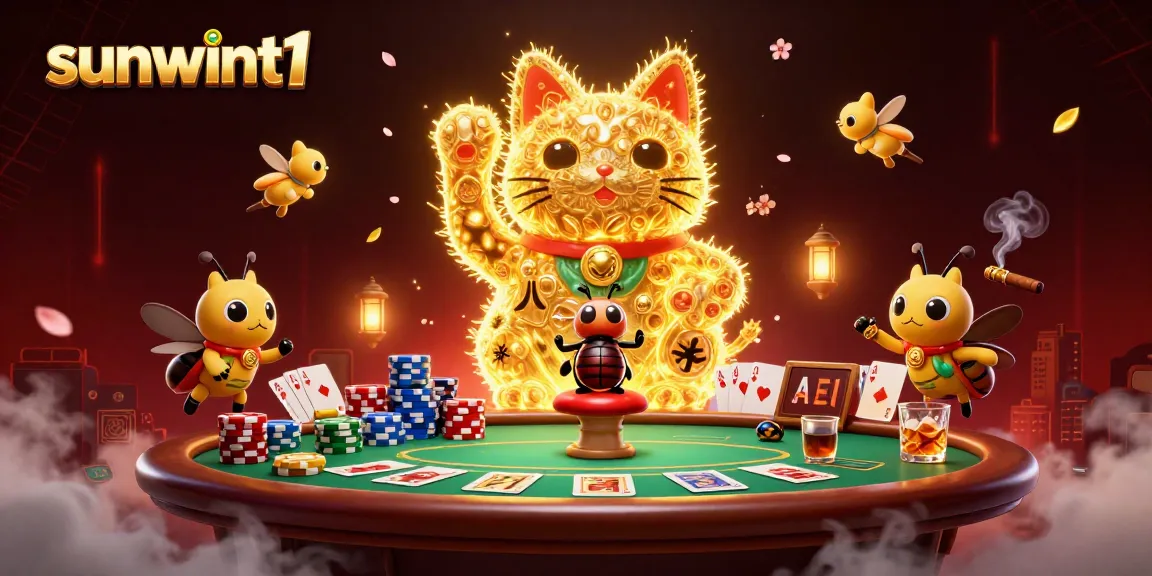 Experience excitement at sunwint1 with golden fireflies transforming into a lucky cat in an engaging casino scene.