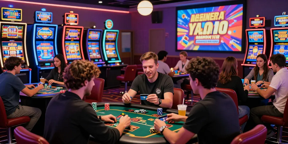 Online casino scene with players using credit cards at tables, vibrant atmosphere showcasing gaming excitement.