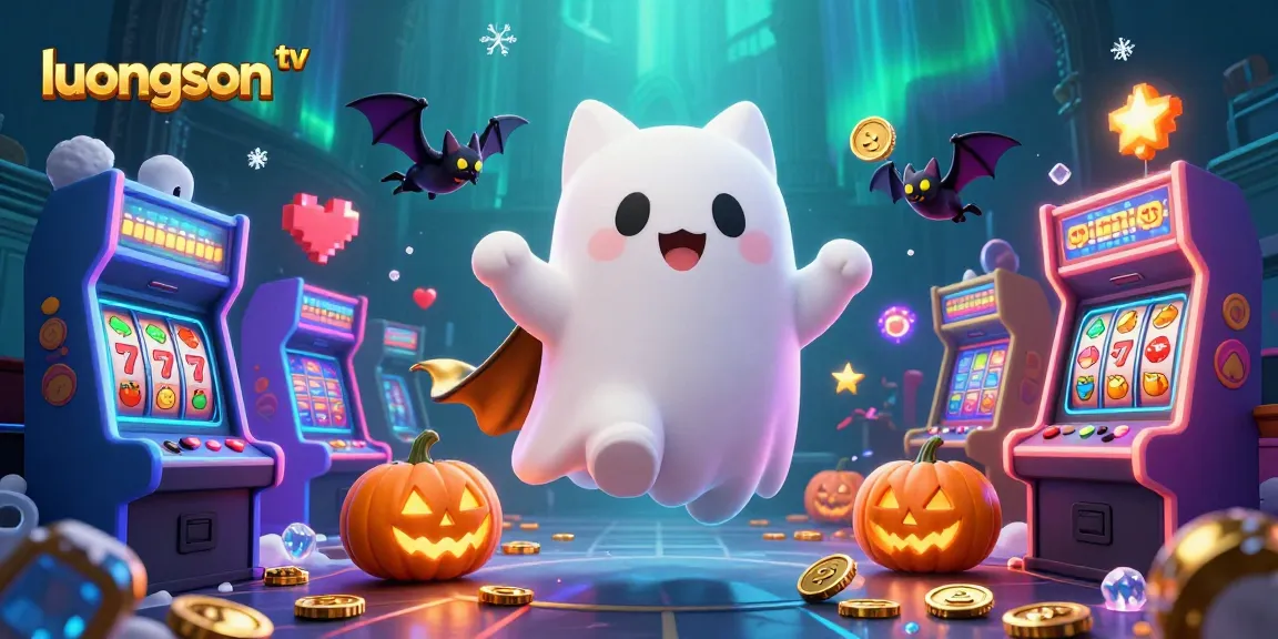 Engage with luongson tv's vibrant 3D casino illustration featuring a friendly ghost cat and a vampire bat amidst slots and pumpkins.