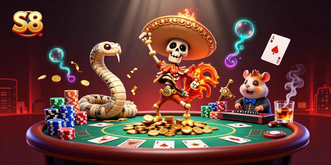 S8 brings excitement with a skeleton mariachi dancing over golden coins in a vibrant casino atmosphere.